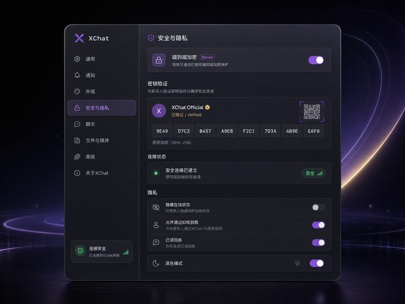 XChat端到端加密与安全设置面板